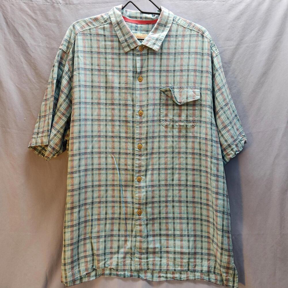 Tommy Bahama Button Down Short Sleeve Shirt Men's XL 100% Silk Plaid Shirt